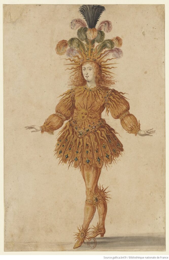 Une illustration du costume arboré par le Roi Louis XIV dans le ballet de la Nuit, où il porte son célèbre costume de soleil.