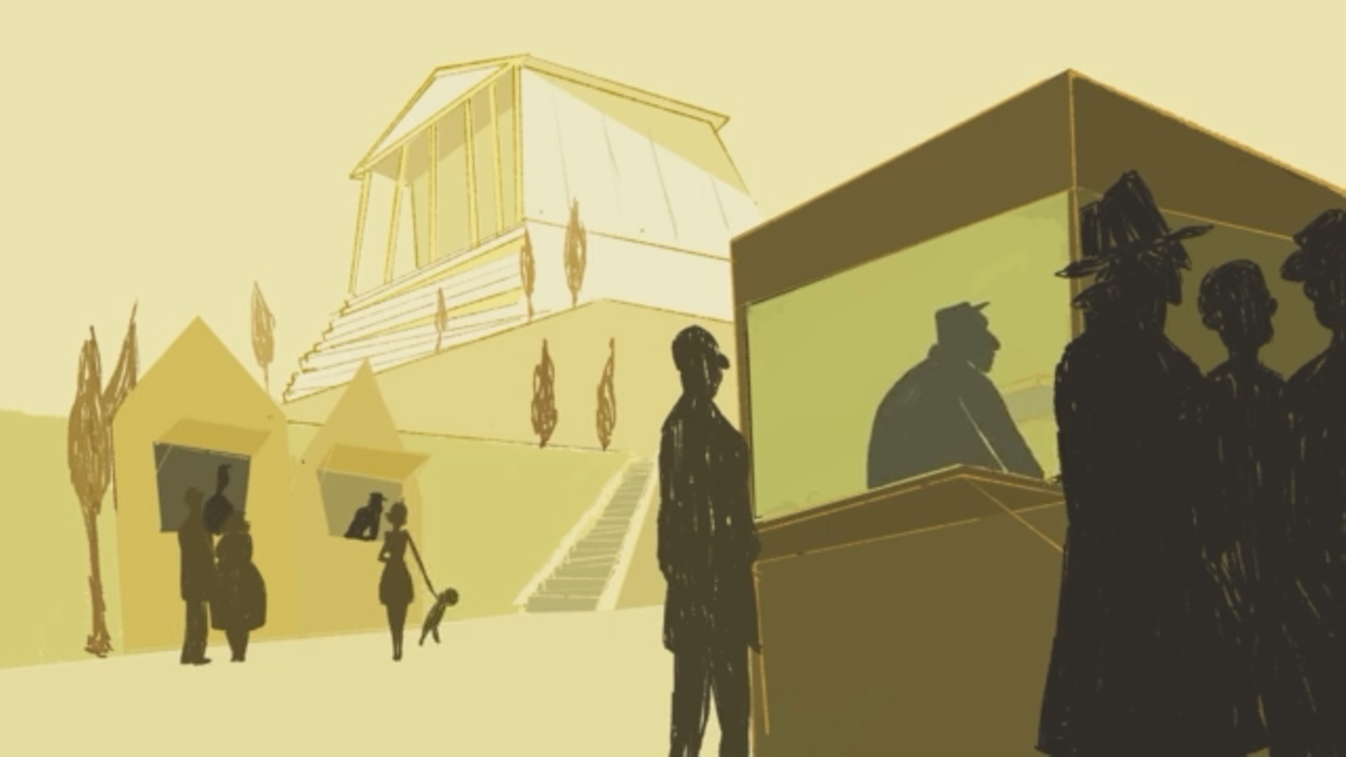 Screenshot d'une adaptation en film d'animation du documentaire Atlantes et Cariatides réalisé par Eloïse TINLAND, Lucile VANNIER et Samia EL HADJ © EMCA-CREADOC 2015 On y voit l'extérieur du palais de justice d'Angoulême